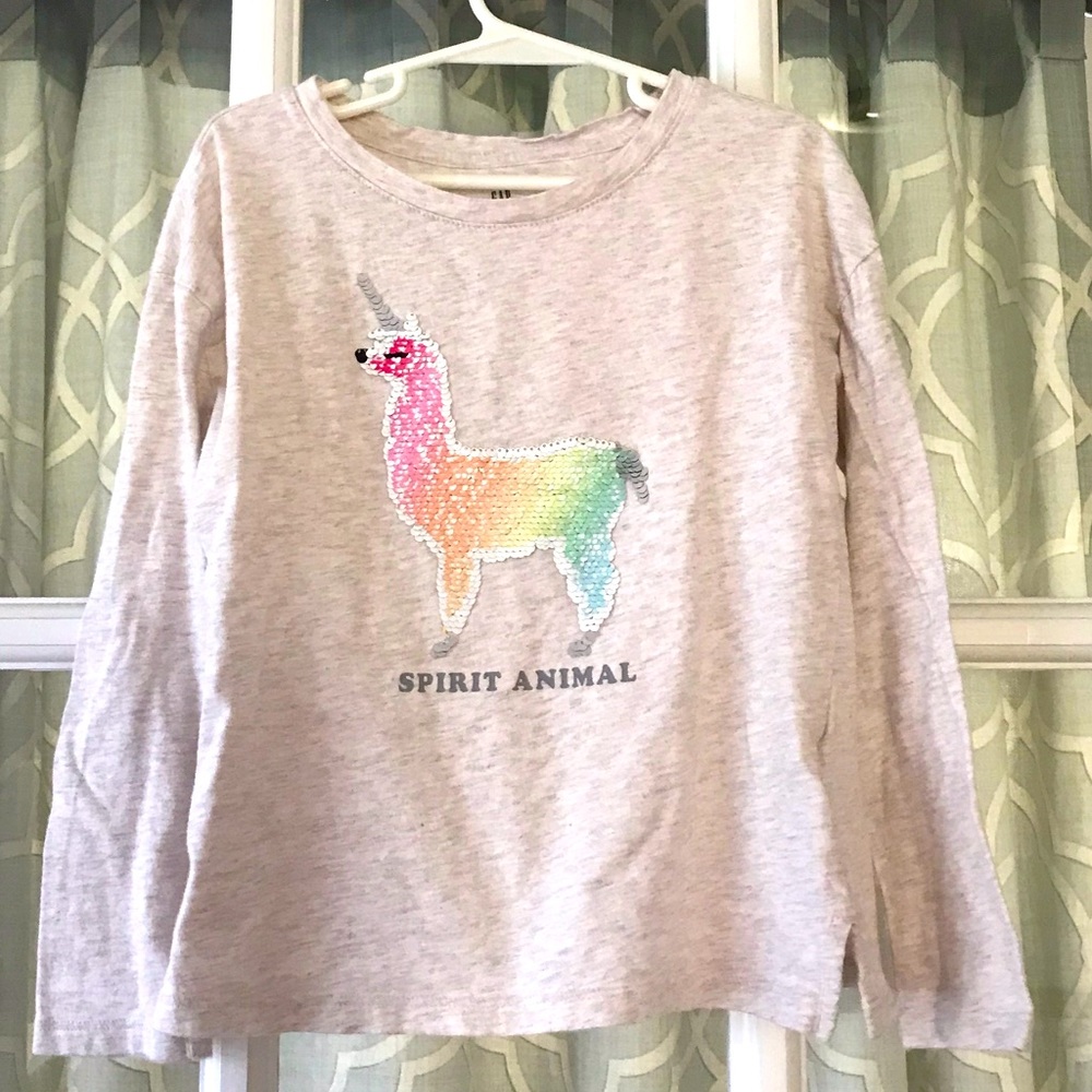 GAP Beige long sleeve cotton tee, reversible rainbow / gold & silver sequins EUC